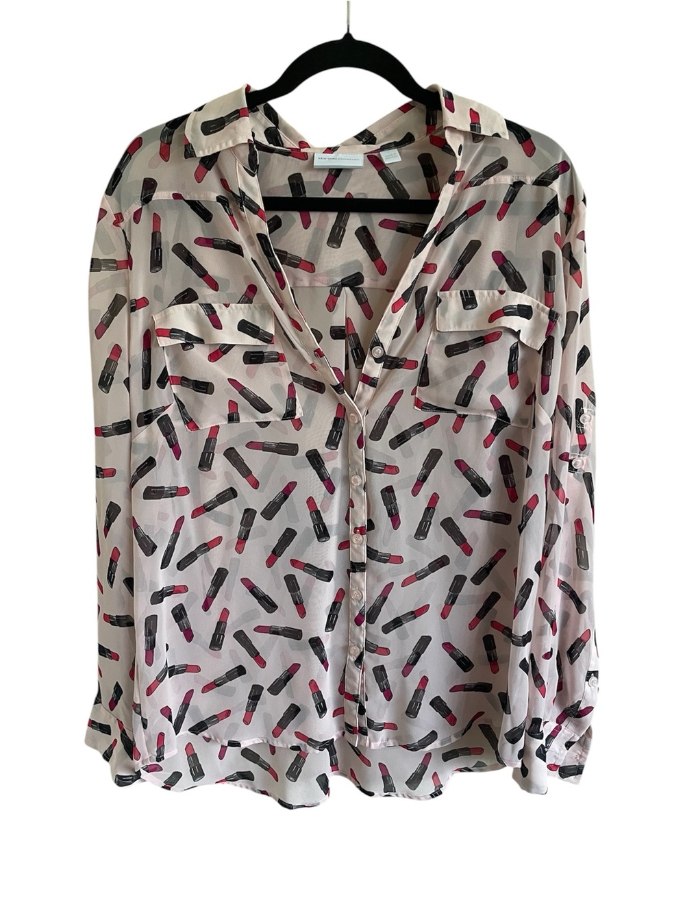 NY&Co Light Pink Lipstick-Print Button-Front Blouse - Picture 2 of 6